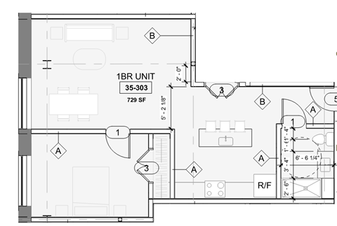 Floor plan for 1 bed, 1 bath, 742 sqft